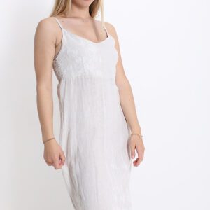 Zomer jurk van puur linnen, kleur BEIGE schouder bandjes, broderie en elastisch achter maat 40/42