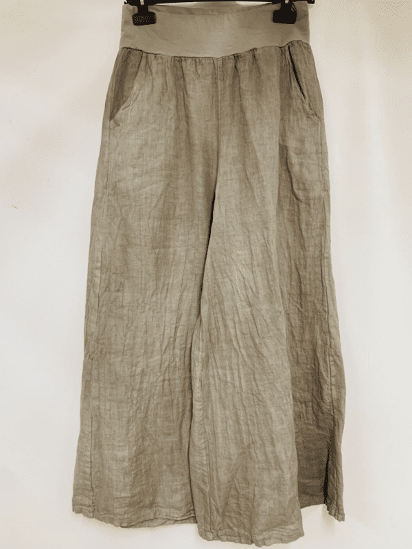 Linnen broek met zijzakken - KAKKI kleur - elastische talie en brede pijpen Maat 40/42 - Afbeelding 2