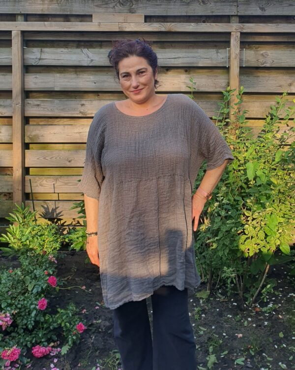 Boho linnen jurk tuniek in TAUPE kleur - korte mouwen zomer luchtige jurk - maat 44/46 - Afbeelding 2