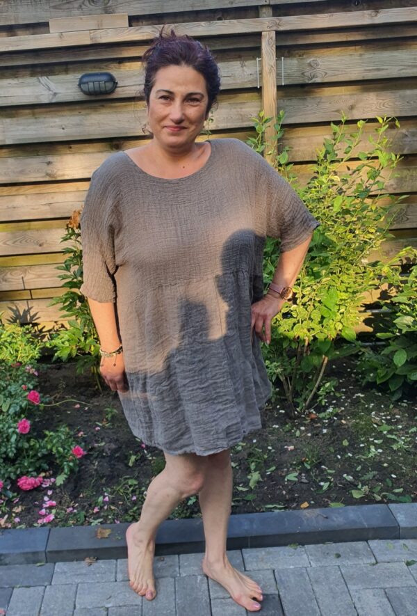 Boho linnen jurk tuniek in TAUPE kleur - korte mouwen zomer luchtige jurk - maat 44/46 - Afbeelding 5
