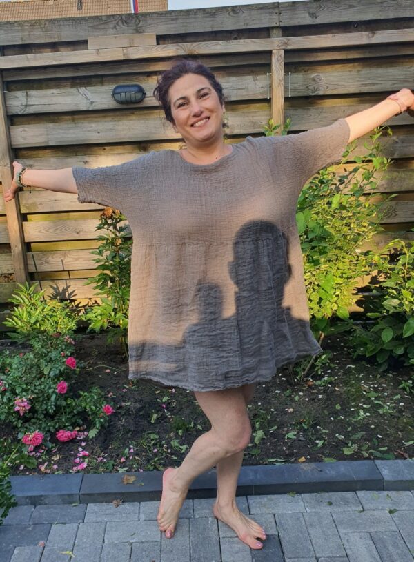 Boho linnen jurk tuniek in TAUPE kleur - korte mouwen zomer luchtige jurk - maat 44/46 - Afbeelding 3