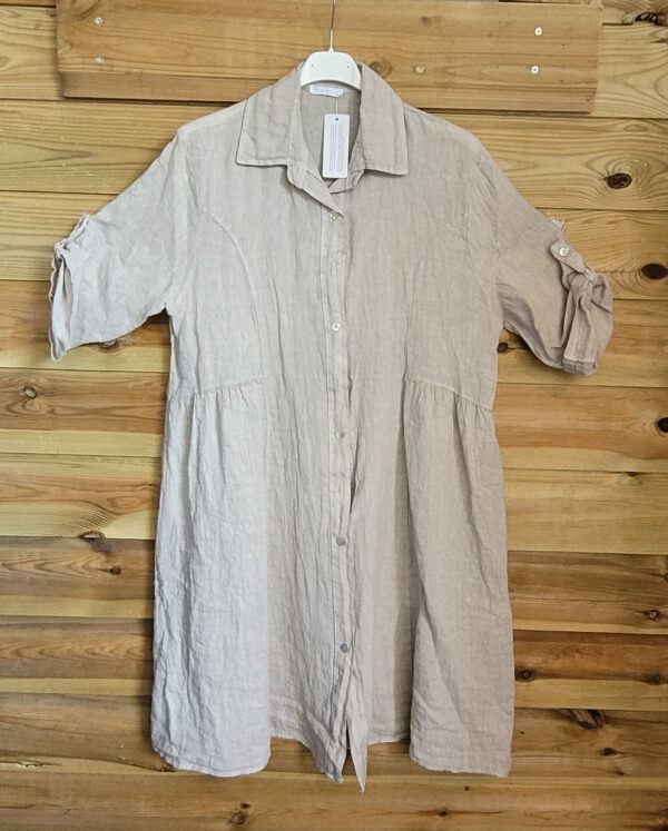 Puur linnen jurk shirt met knopen en een krag, kleur BEIGE, maat 40/42