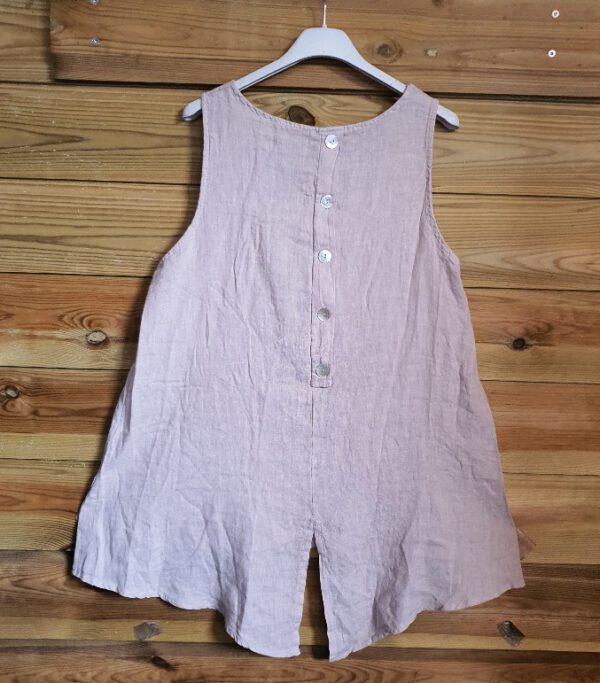 Mouwloze linnen top tuniek met ronde hals en knoppen achter kant en split in BEIGE kleur Maat 38/40 - Afbeelding 4