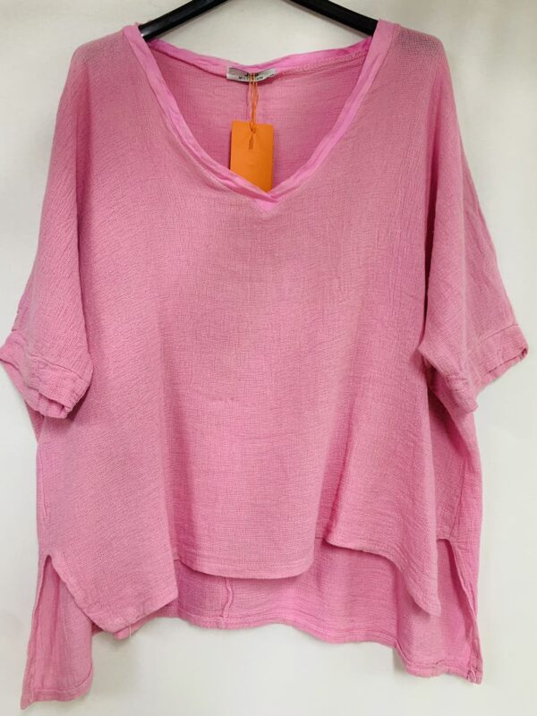 Linnen top met korte mouwen en v-hals – kleur ROZE - one size