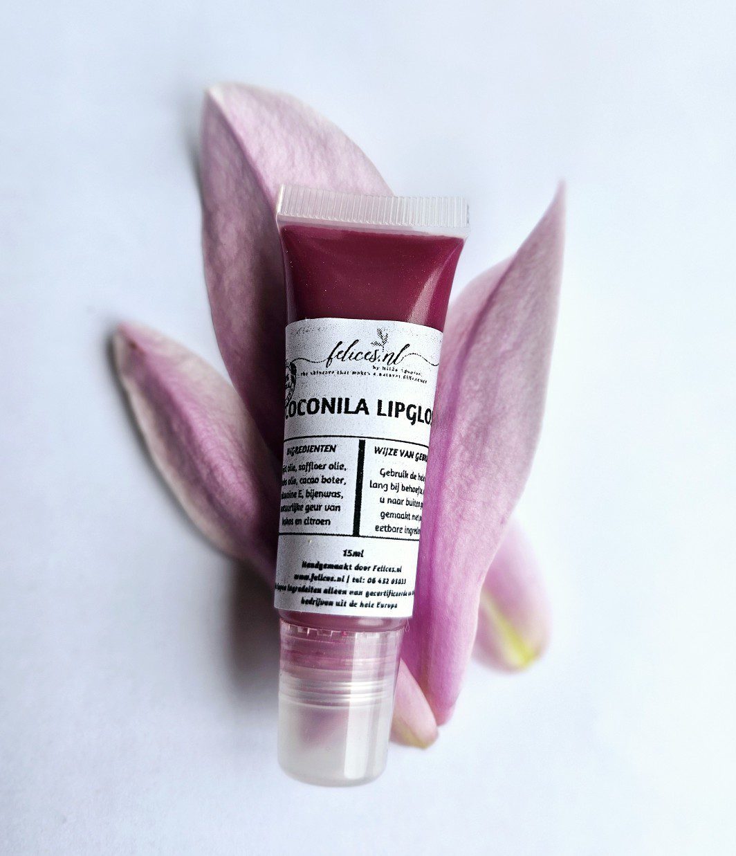 Biologische handgemaakte lipgloss CYCLAAM kleur - kokos - cacao - zachte lippen - mooi kleur 15ml