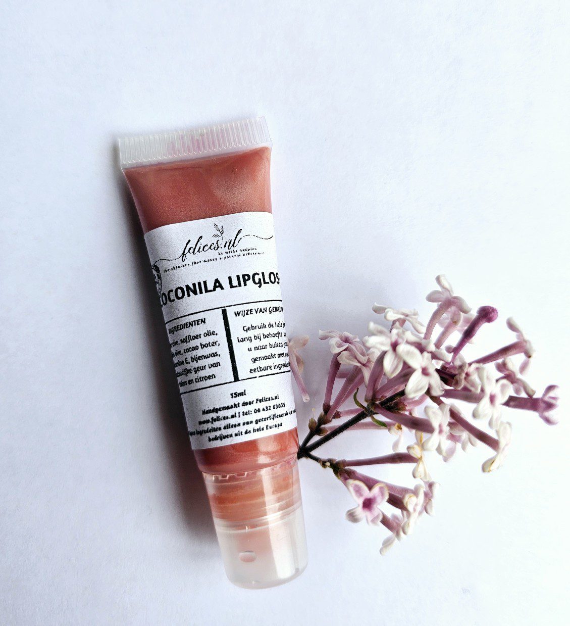 Biologische handgemaakte lipgloss KORAAL-ROZE kleur - kokos - cacao - zachte lippen - 15ml