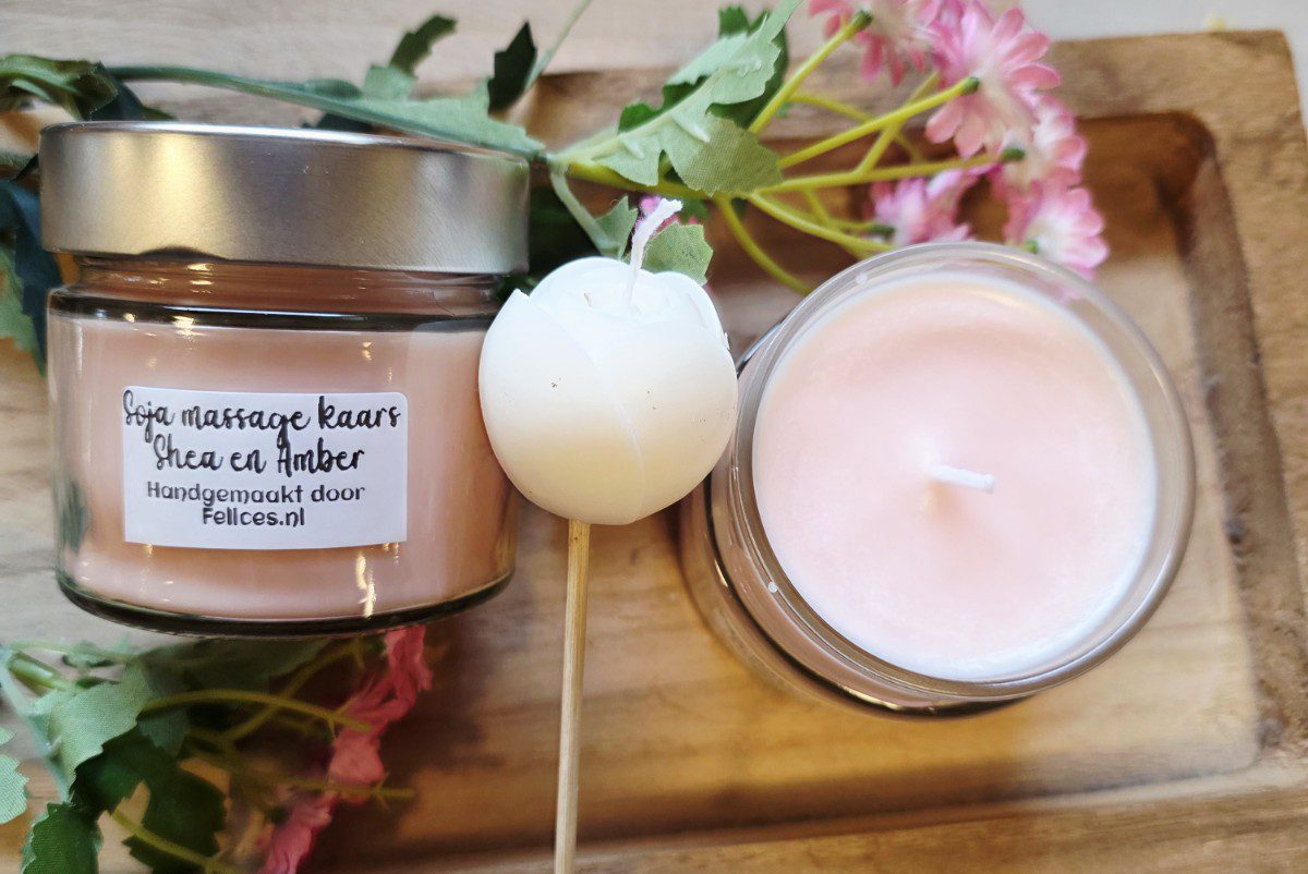 Handgemaakte soja massage kaars - shea boter - Amber en tonka - zachte geurende massage 230gr