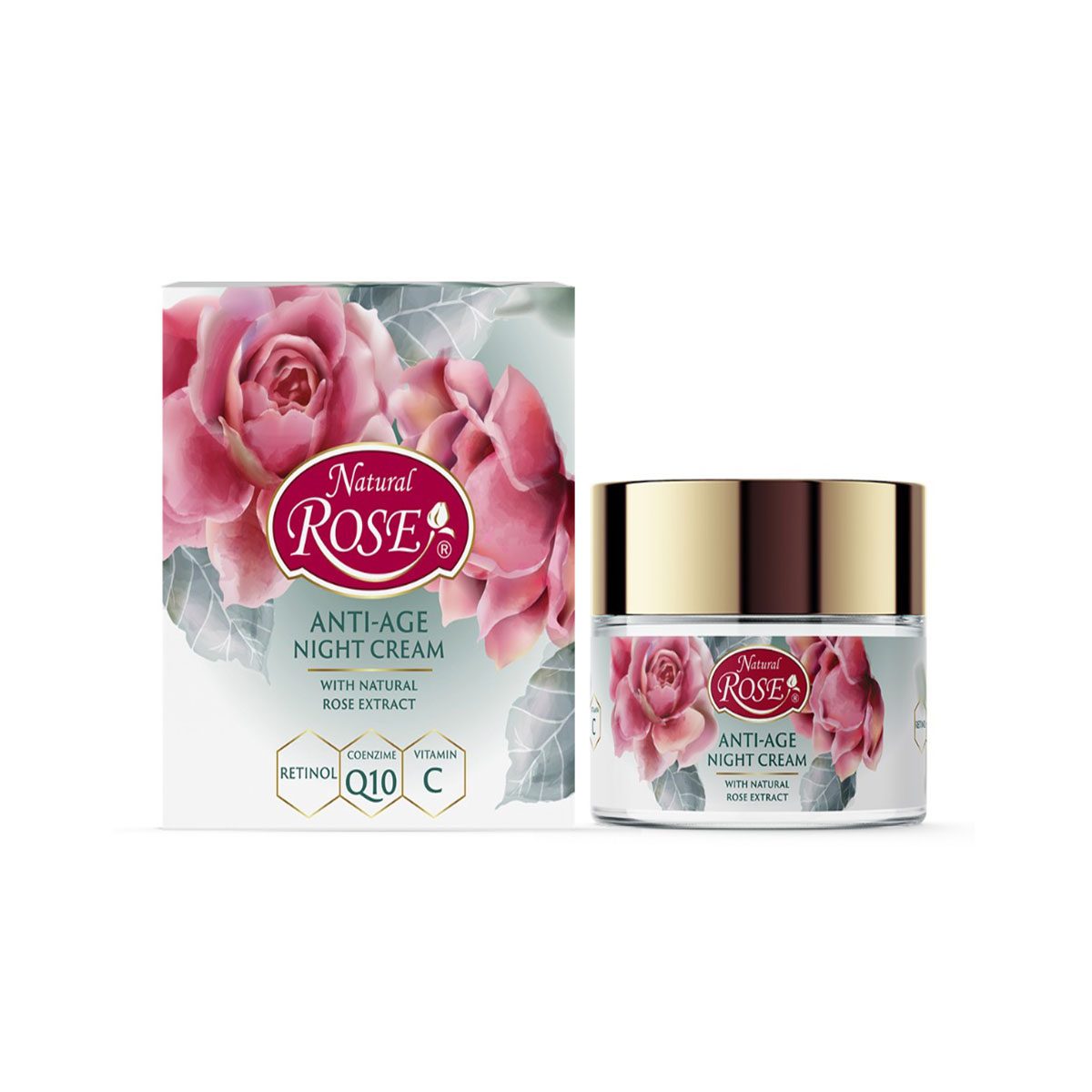 Anti-age nacht creme met rozenolie, Vitamine A, Q10 en Vitamine C,  50ml