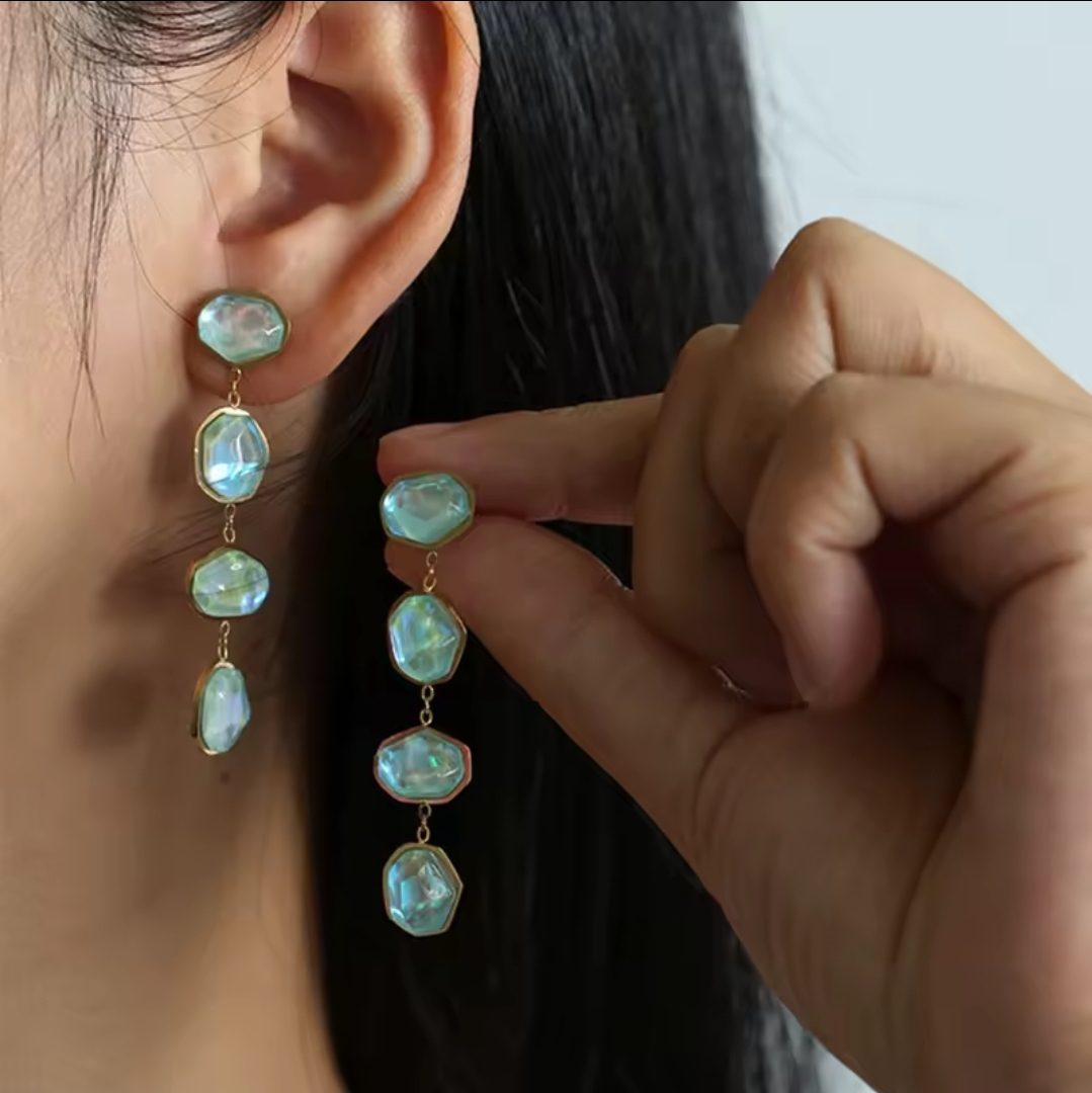 Elegante lange roestvrij staal oorbellen met BLAUW KLEUR hars stenen - ronde elementen