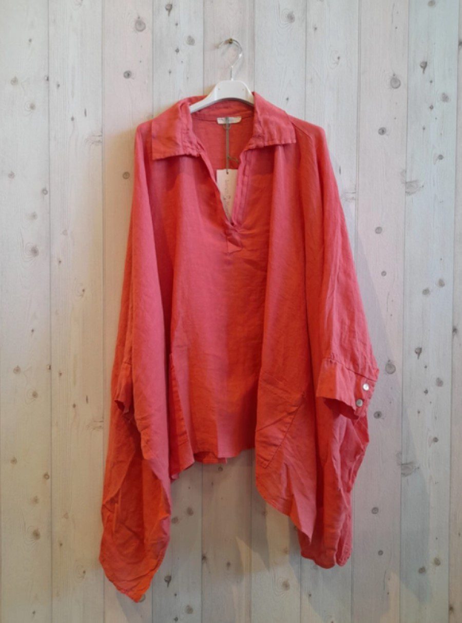 Oversized Linnen blouse met lange mouwen - krag en V-hals - voor steek zakken - kleur Terracotta