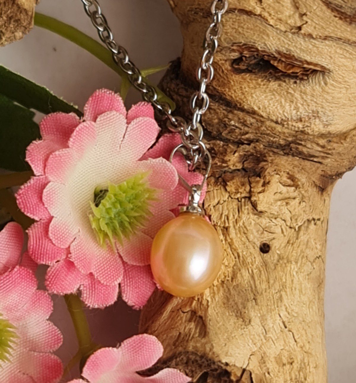 Elegante ketting van Perzik Parel drop hanger - zilver ketting - handgemaakt