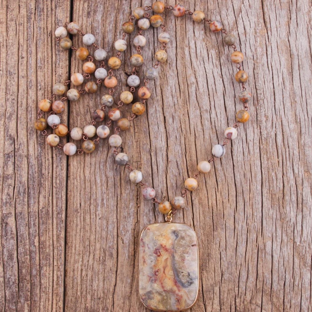 Boho lange edelsteen ketting - kralen en hanger Picture Jaspis - handgemaakt
