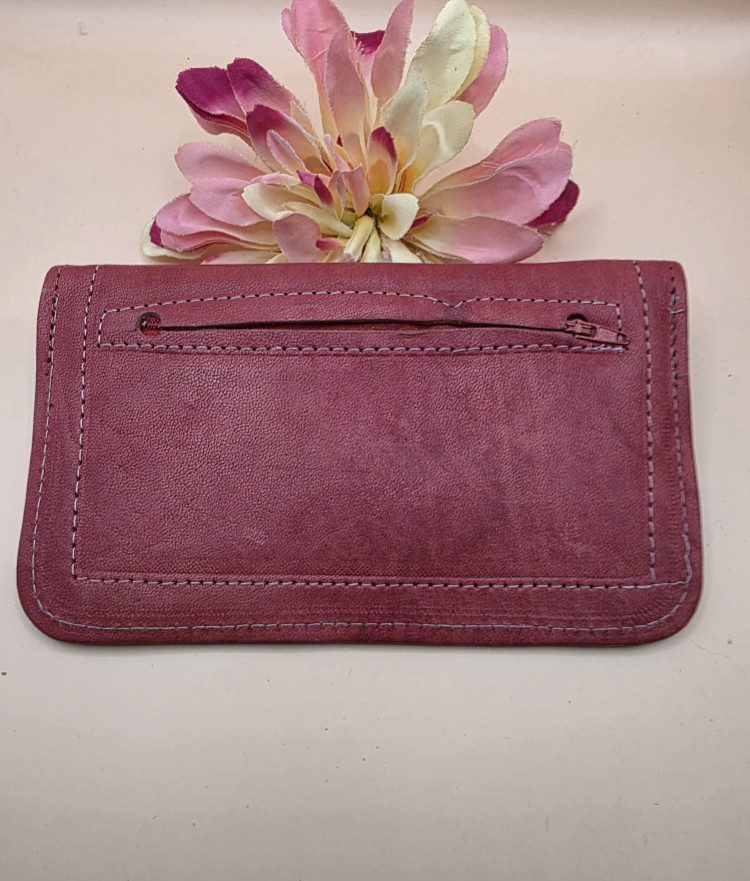 Handgemaakte Marokkaanse leren platte portemonnee - gegrafeerd - achter vakje ROOD kleur