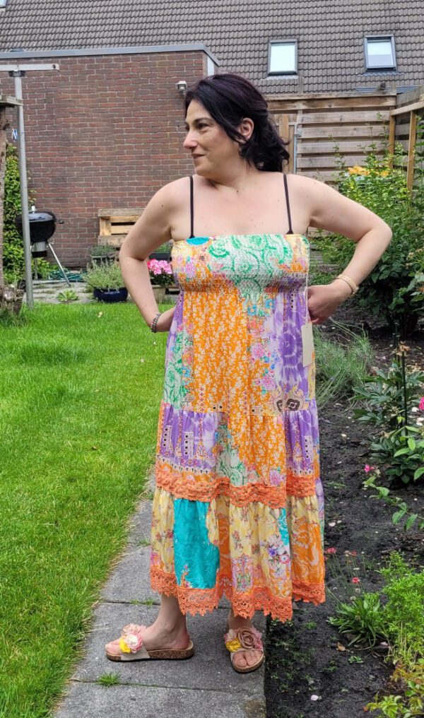 Franse kleurrijke luchtige rok, boho jurk ORANJE kleur, elastische band en kant maat 38-42 - Afbeelding 2