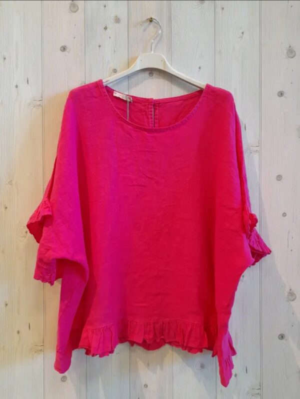 100% linnen top in kleur FUCHSIA - raglan mouwen met ribbels - maat 42