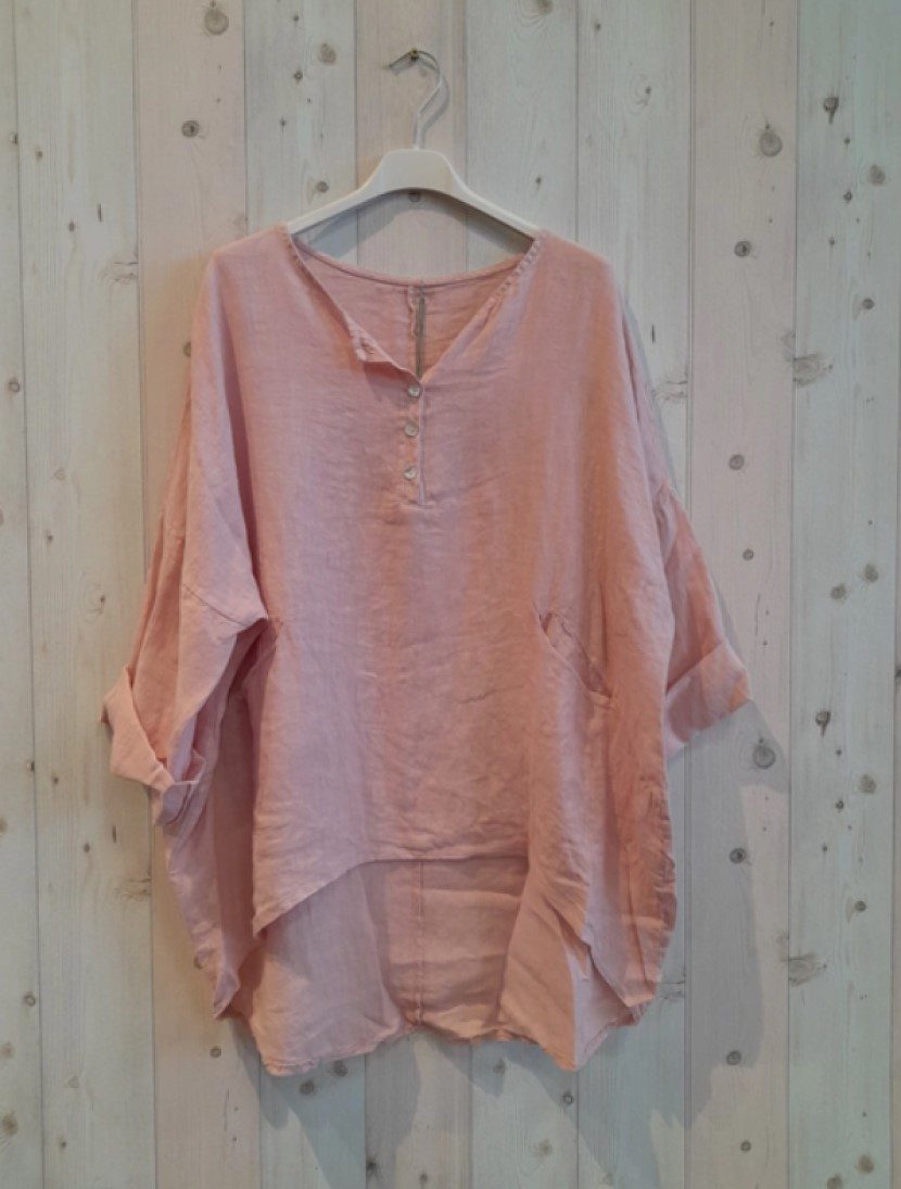 Linnen blouse me knoppen en voor zakken - oprollende mouwen - BABY ROSE kleur - Maat 42/44