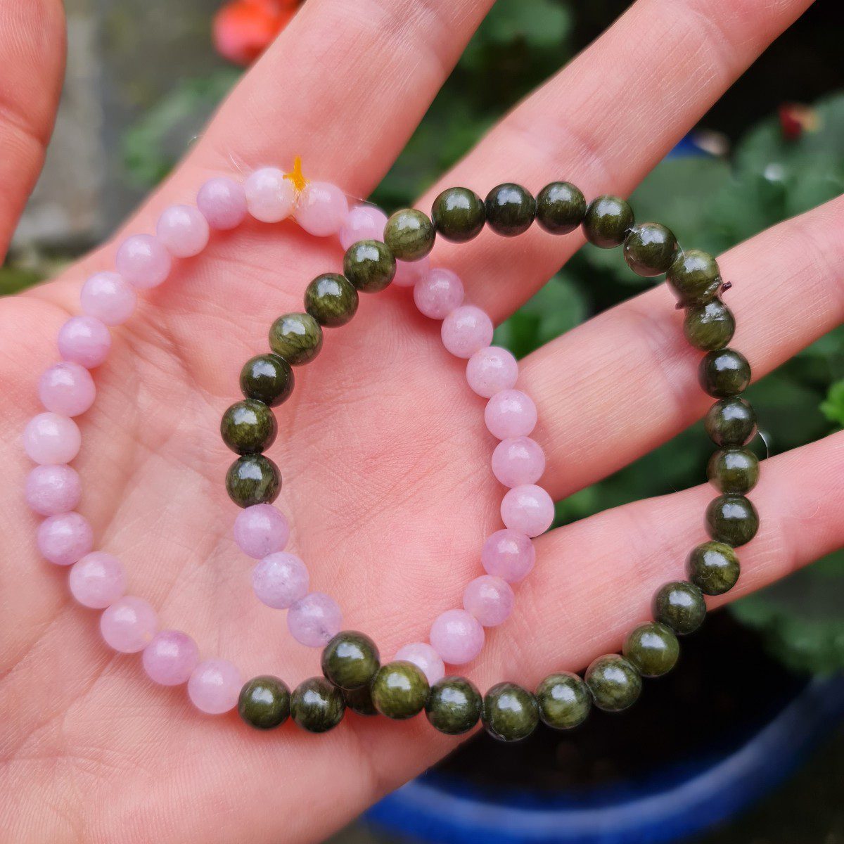 Handgemaakte dubbele edelsteen armband - Rozenkwarts en Canadese Jade - 2st