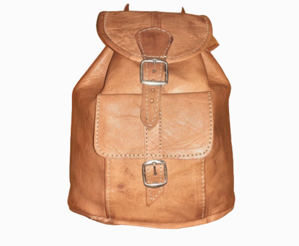 100% Runden Lederen MINI rugzak met ritssluiting en vakje kleur LICHT CAMEL - gemaakt in Marokko