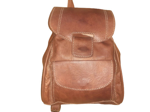 100% Runden Lederen dubbele magneet kleine rugzak - handgemaakt in Marokko WARM BRUIN