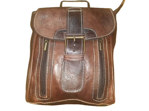 100% Leren Marokkaanse kleine platte vierkante rugtas - 2 rits zakken voorkante - zak achter BRUIN kleur