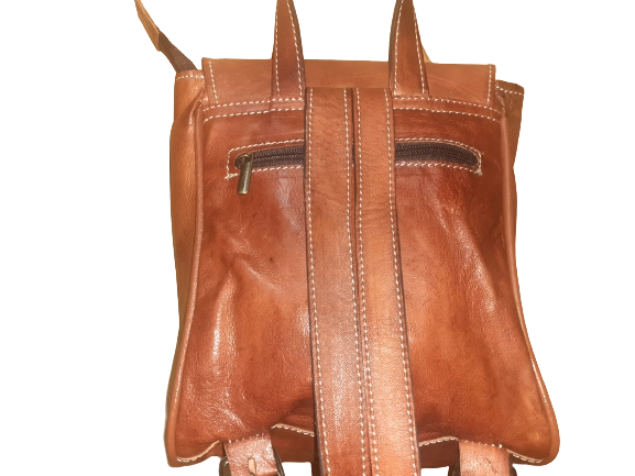 100% Leren Marokkaanse kleine platte vierkante rugtas - 2 rits zakken voorkante - zak achter BRUIN kleur - Afbeelding 3