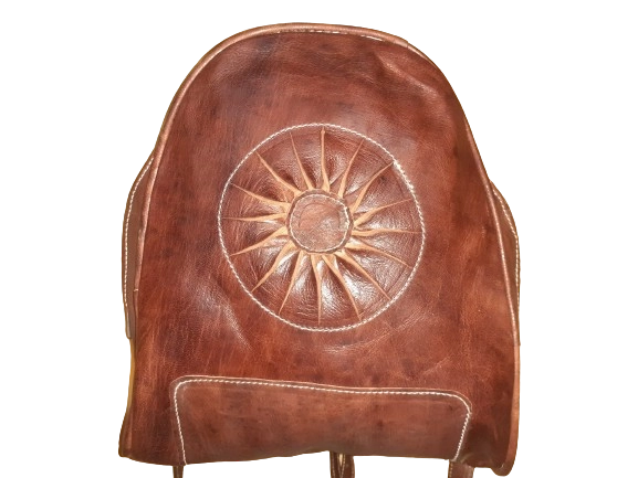 100% Marokkaanse runden leren rugtas - met decoratieve zon - handgemaakt met ritssluiting BRUIN kleur