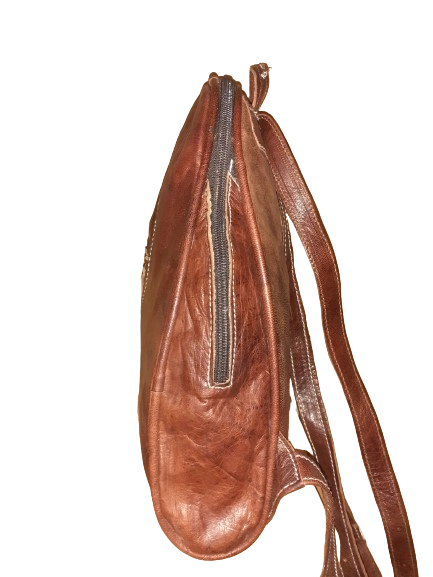 100% Marokkaanse runden leren rugtas - met decoratieve zon - handgemaakt met ritssluiting BRUIN kleur - Afbeelding 2