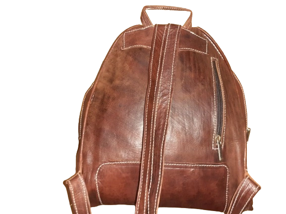 100% Marokkaanse runden leren rugtas - met decoratieve zon - handgemaakt met ritssluiting BRUIN kleur - Afbeelding 3