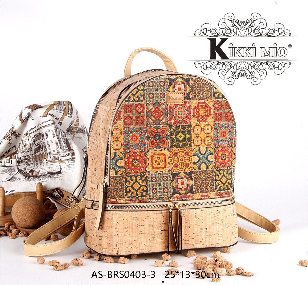 Rugzak van recycled  kurk - leer - met grote voorzaak - ritssluiting  - midden grootte - fantasie