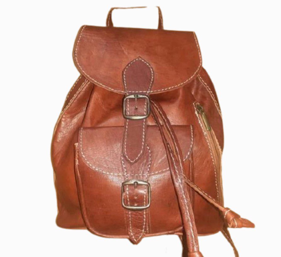 Handgemaakte kleine runden leer rugzak - Marokko - WARM BRUIN