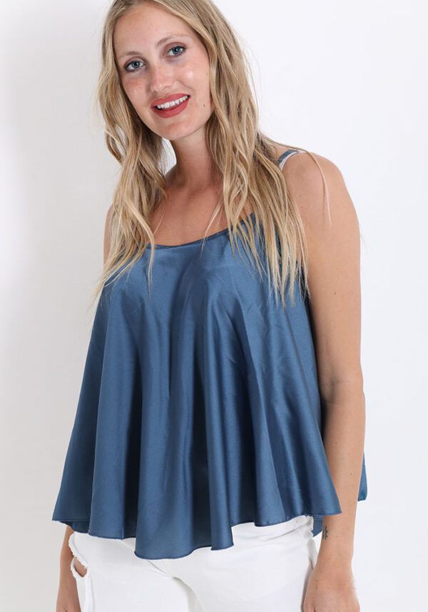 Satijnen zomer topje met schouder bandjes, kleur BLAUW,  Maat M/L