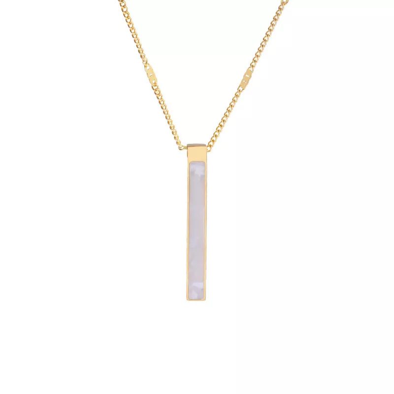 Elegante edelsteen ketting van staal en schelpje in een gouden frame hanger
