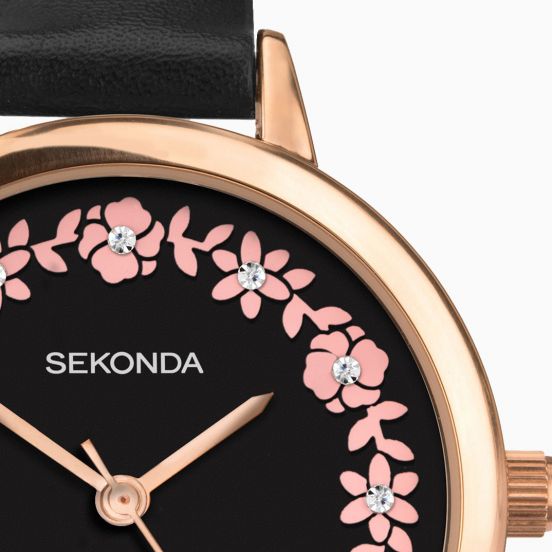 Seconda horloge voor dames met bloemen en een leder armband 2818.8 - Afbeelding 2
