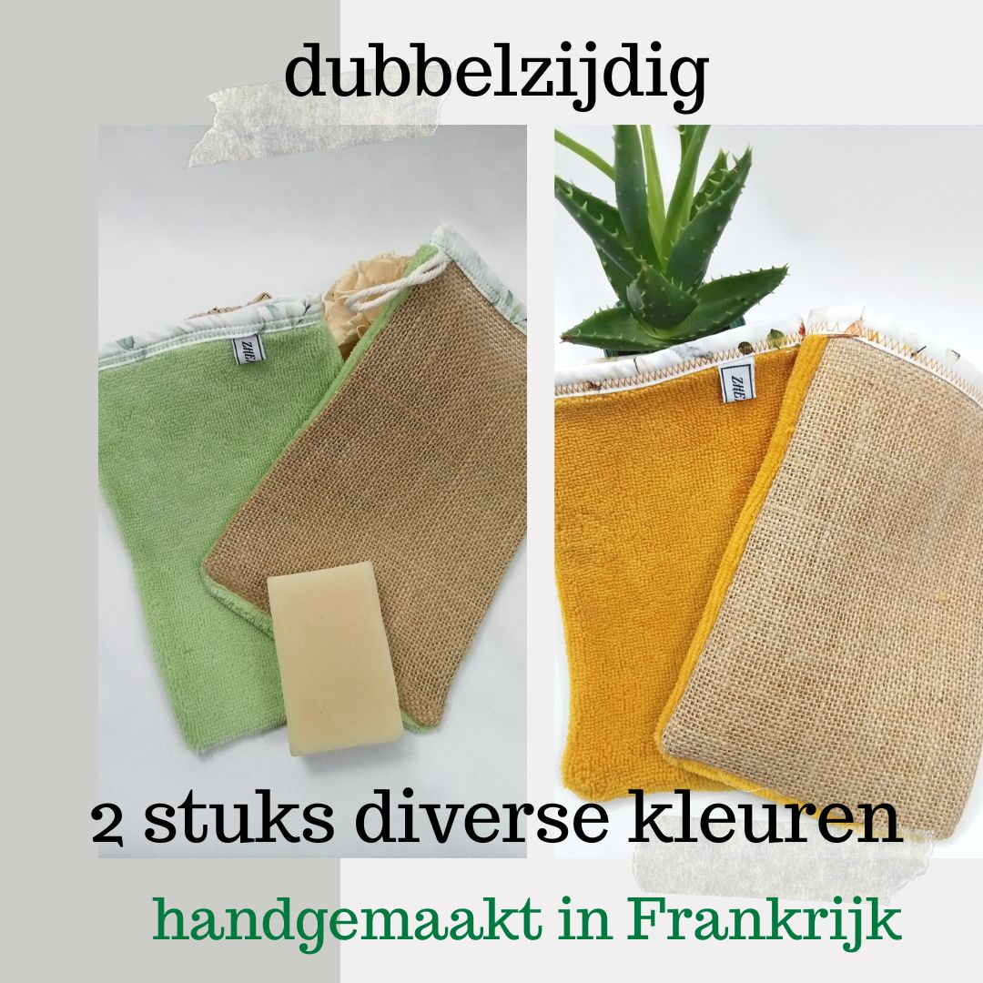 2 stuks Handgemaakte Bamboe handschoen dubbelzijdig met jute en badstof - duurzaam 2stuks