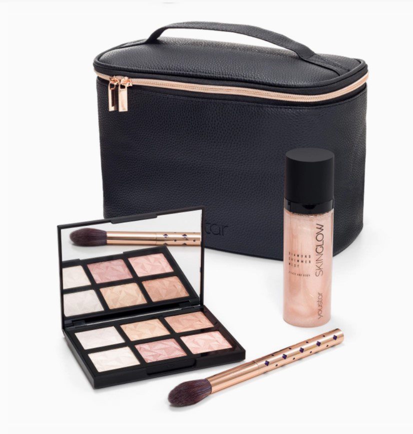 Beauty Make-up Tasje - Set van 3 producten en tas - GLAM & GLOW - highlight pallet - contour borstel en gezicht glitter fixing spray - 3 stuks