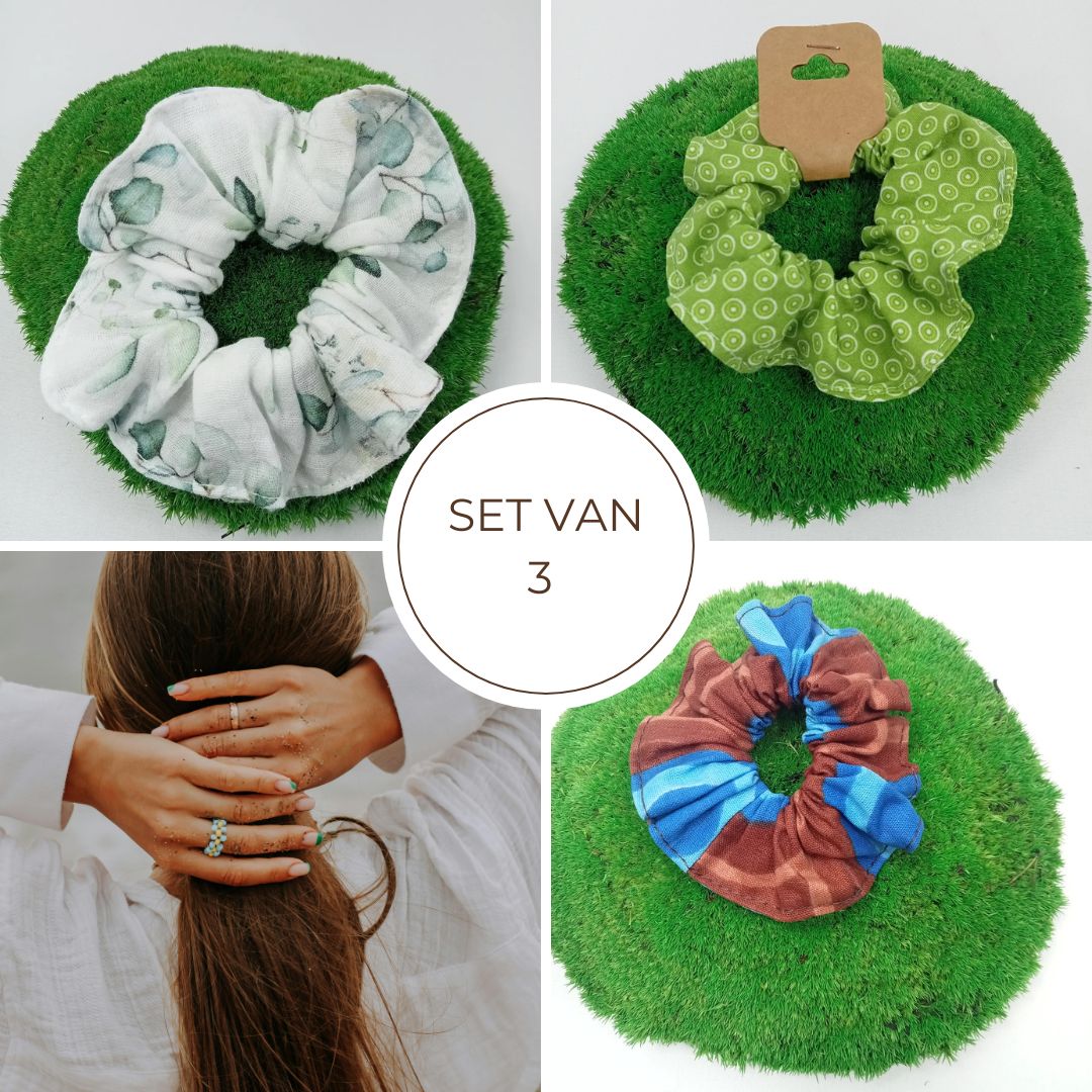 3 stuks Handgemaakte katoenen haar elastiekjes in diverse kleuren - Scrunchie - maar small - 3 stuks