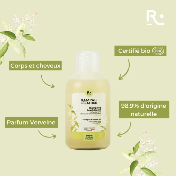 Gecertificeerd biologisch Douchegel en shampoo Klei-Verbena - zuivert haar en huid - 250ml - Cosmos Organic - Afbeelding 3