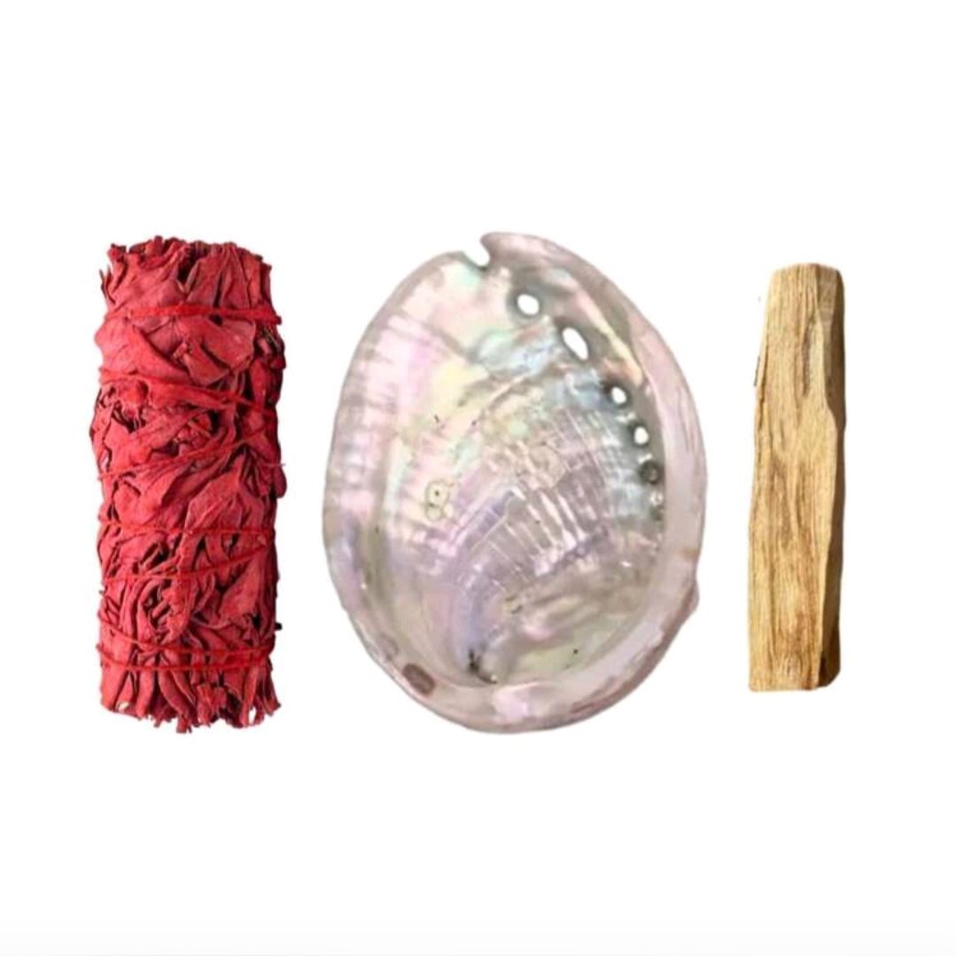Spirituele set voor Rituaal smudge van Salie Dragonbloed - Palo Santo heilige hout - abalone schelp - bundel 3st