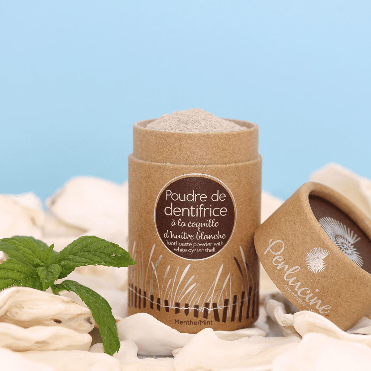 Luxurieuze biologische Tandpasta poeder met witte oesterschelp - pepermunt en eucalyptus 25gr