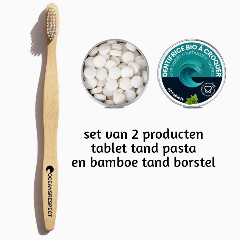 Set van 2 producten Duurzaam bamboe Zero waste- tandborstel - tabletten handpasta MUNT 60 stuks