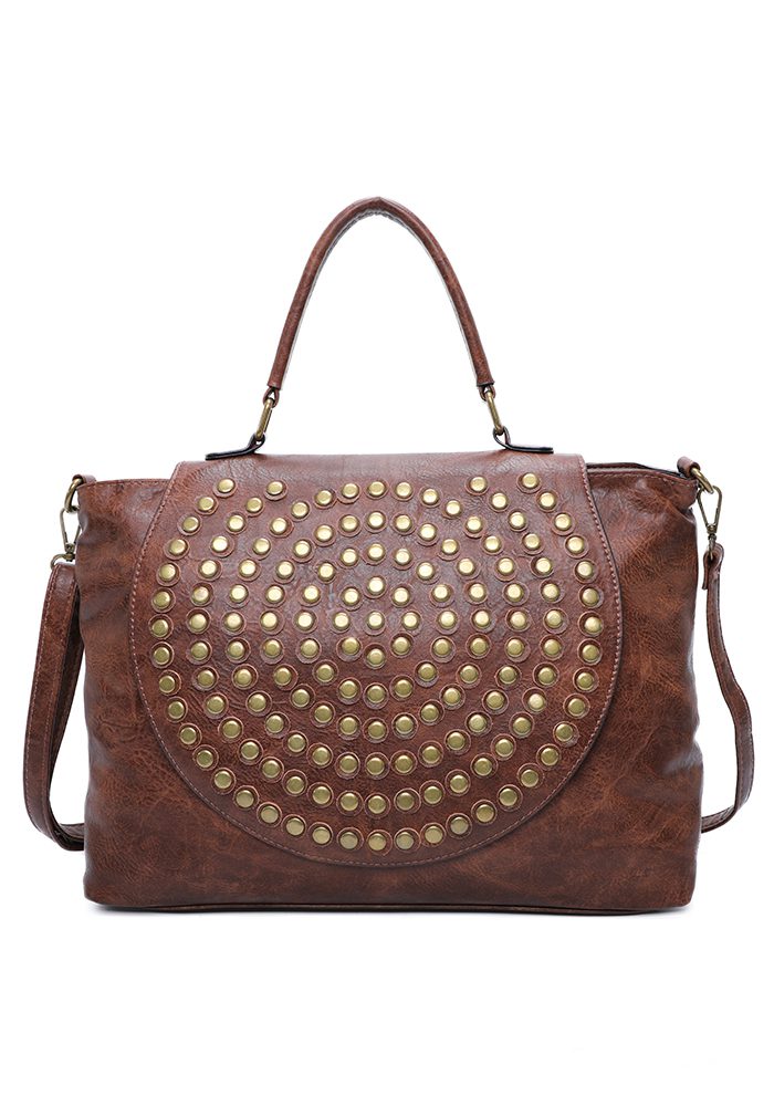 Schouder tas Van Imitatieleer Met Ritssluiting Met Schouderband Met metalen noppen BRUIN kleur