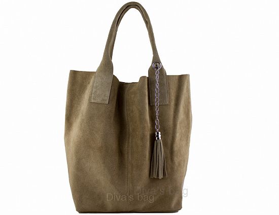 Lederen Suede dames schouder tas - extra binnen tasje - kwast hanger - kleur MODDER BRUIN