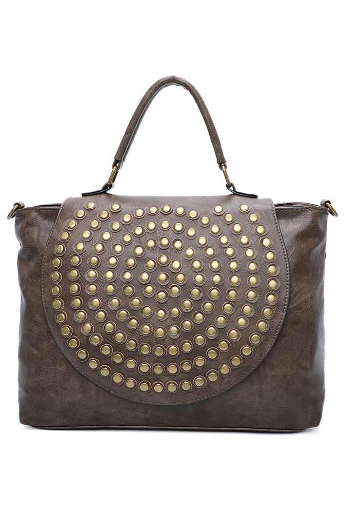 Schouder tas Van Imitatieleer Met Ritssluiting Met Schouderband Met metalen noppen DONKER BRUIN kleur