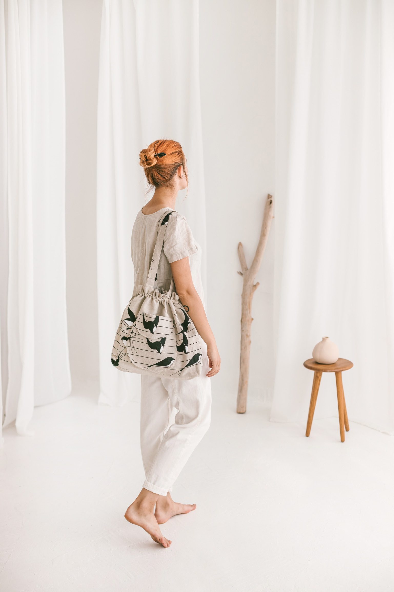 Handgemaakte Linnen emmertas met vogels - aantrekkoord - voor zak - schouderband - Afbeelding 3