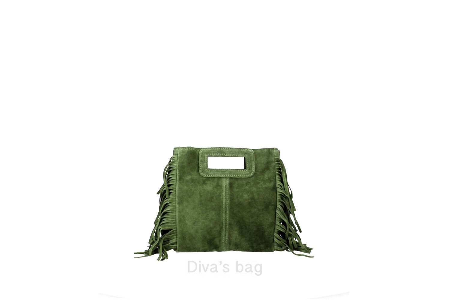 100% suède boho dames tas met handvatten in DONKER GROEN kleur, schouder band en franjes