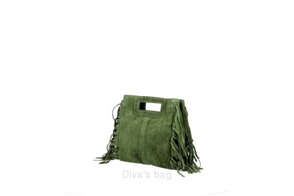 100% suède boho dames tas met handvatten in DONKER GROEN kleur, schouder band en franjes - Afbeelding 2