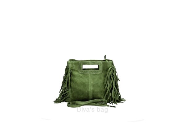 100% suède boho dames tas met handvatten in DONKER GROEN kleur, schouder band en franjes - Afbeelding 4