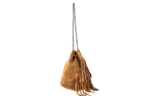 Leuke suède tasje met franjes - zilver ketting schouder band - kleur CAMEL - Afbeelding 2