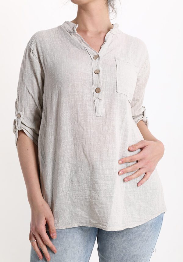 Katoen en linnen blouse - luchtige grove stof - opgerolde mouwen - knoppen - kleur BEIGE - maat 40