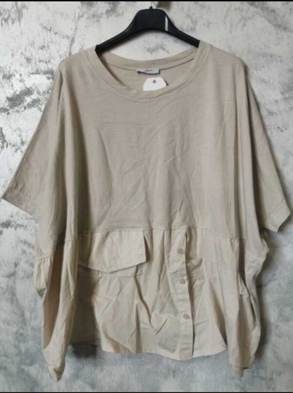 Katoenen boho dames brede top in BEIGE kleur met korte mouwen maat 46/48
